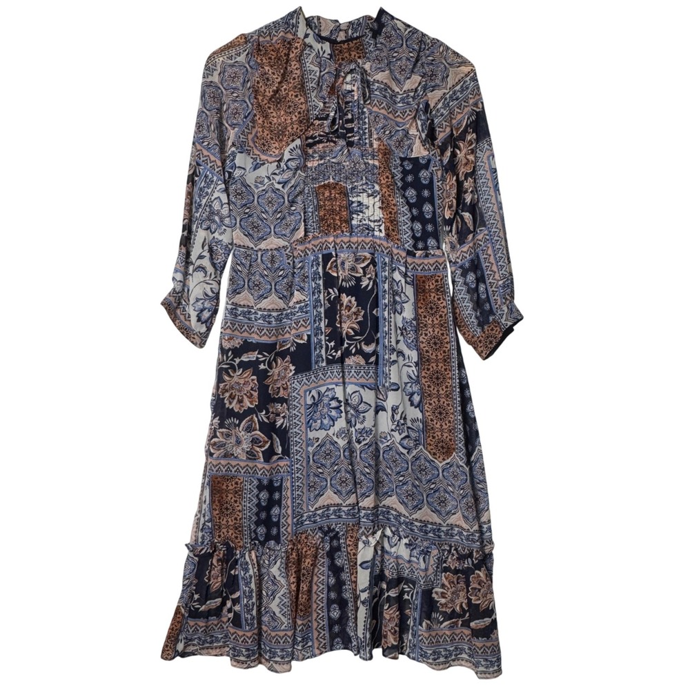 Sandra Darren‎ Patchwork Boho Print Dress Womens Size 10 Long Sleeve